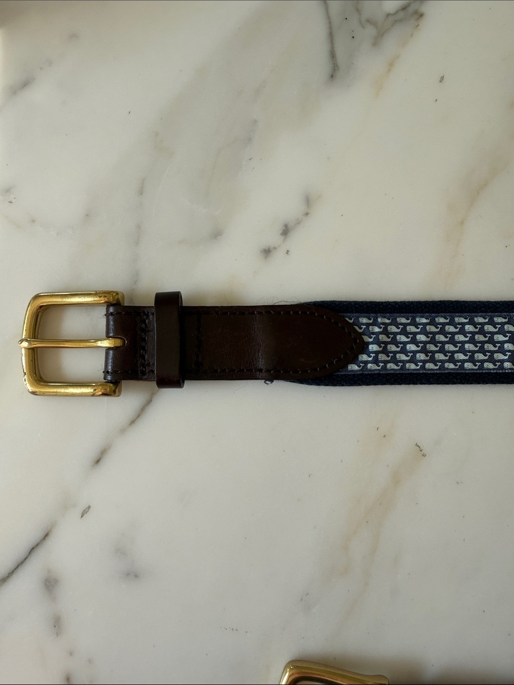 Vineyard Vines Navy Patterned Belt with Brown Leather and Gold Buckle